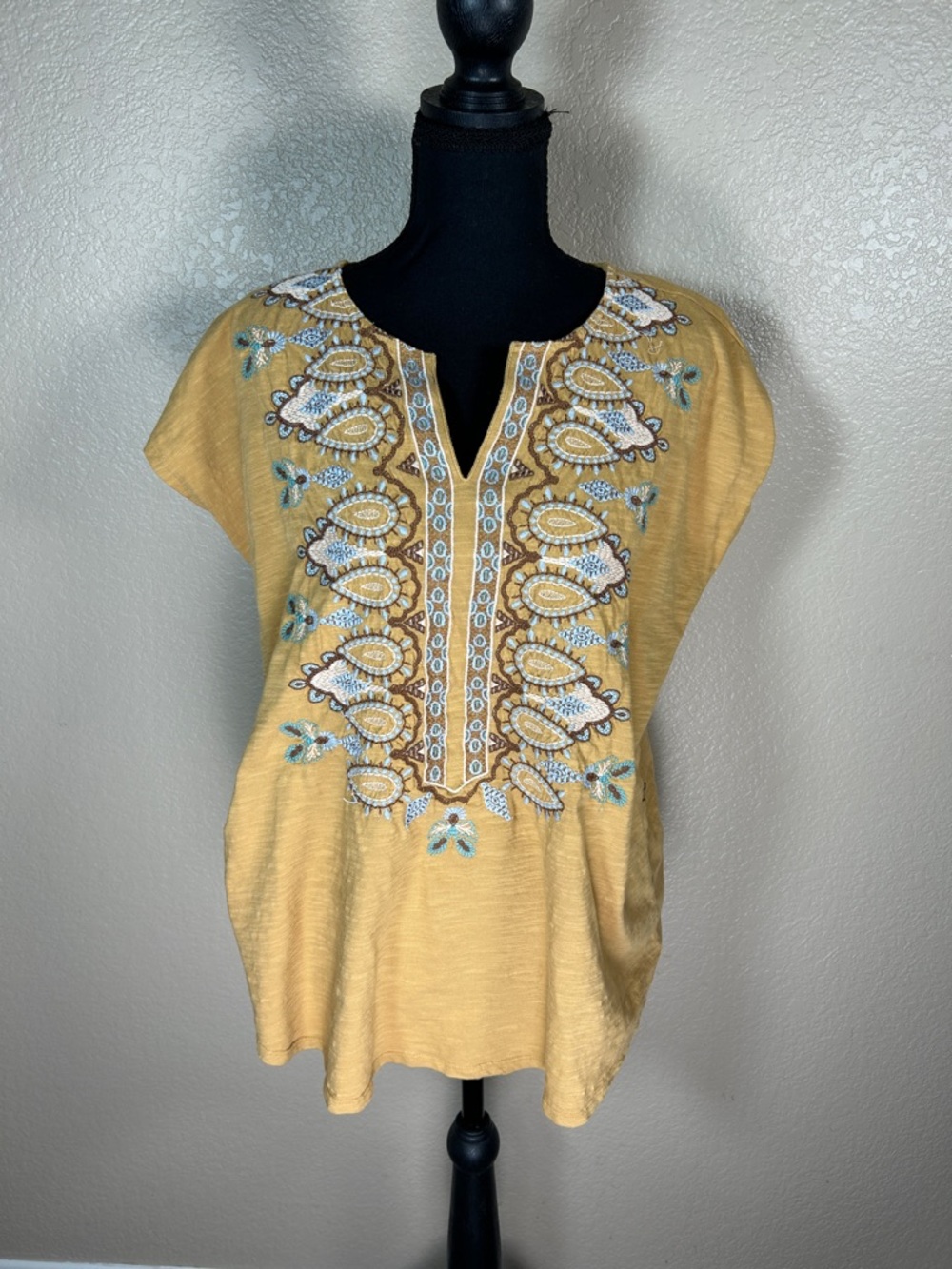 Pure Jill Embroidered Cap Sleeve Cotton Tunic Top Yellow Size Large
